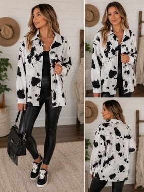 Cow Print Utility Shacket - Black & White